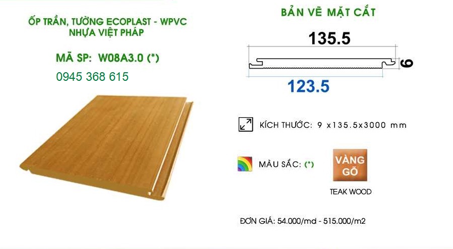Tấm ốp trần, ốp tường Ecoplast – WPVC W08
